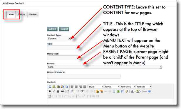 The Main page options in the BAWT CMS