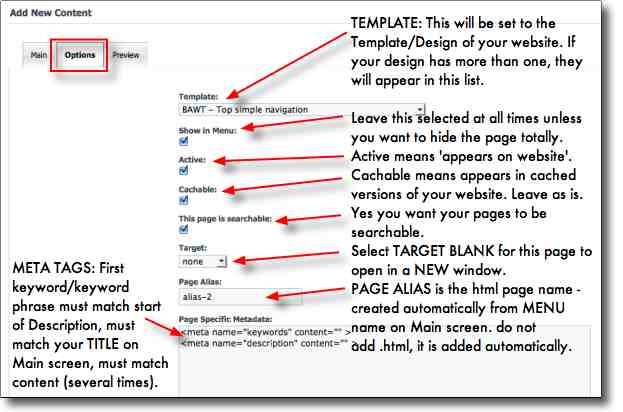The Options tab in the BAWT CMS